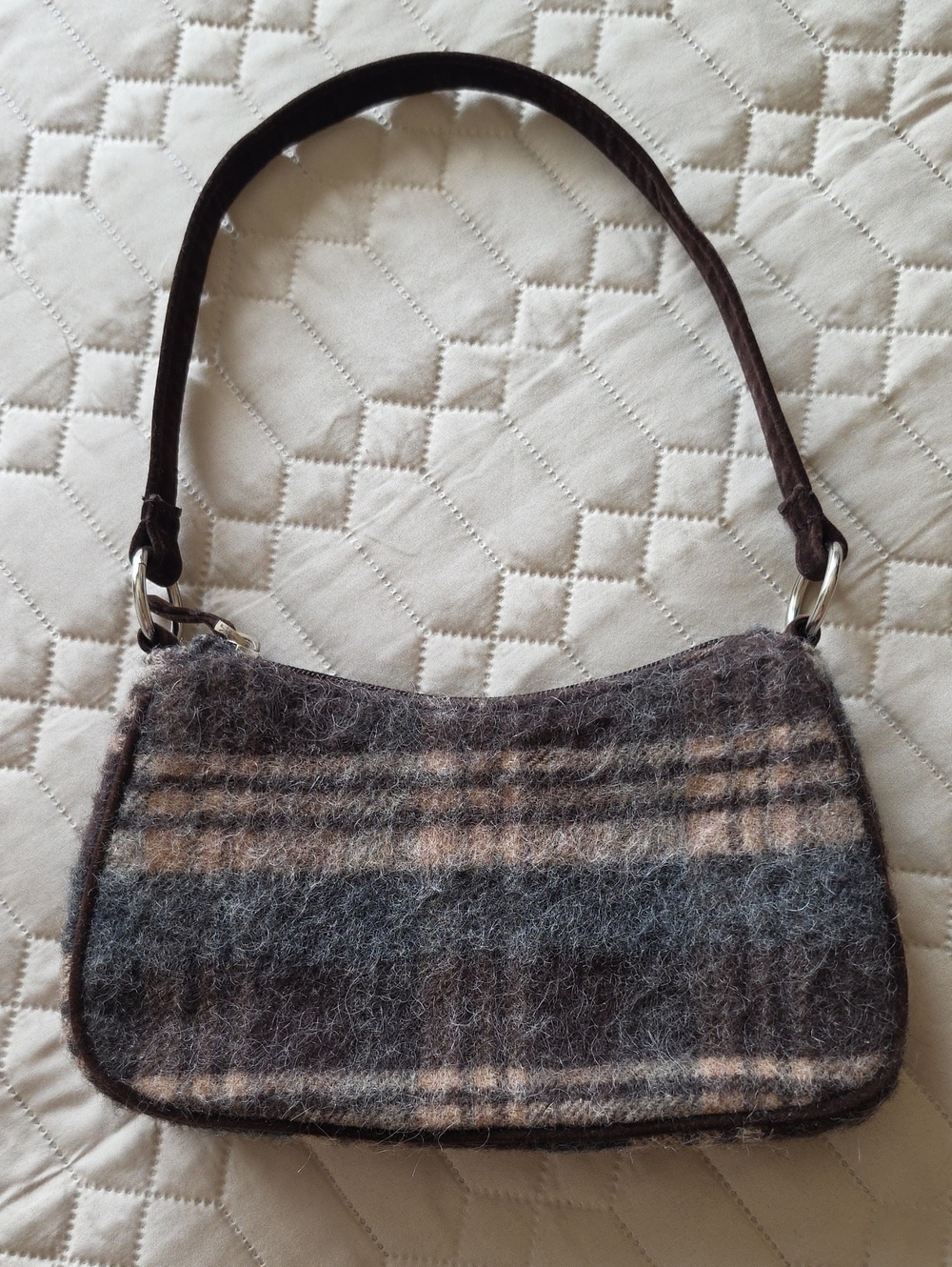 Wool Plaid Shoulder Bag in Brown and Gray